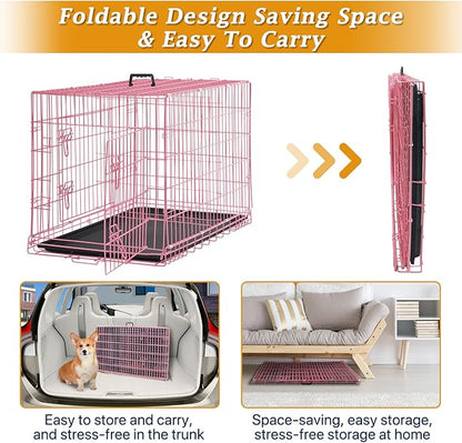 Folding Dog Crate 36" Metal Portable Outdoor Double Door Wire Large Cat Pet Dog Cage Kennel with ABS Tray LC & Divider, Pink