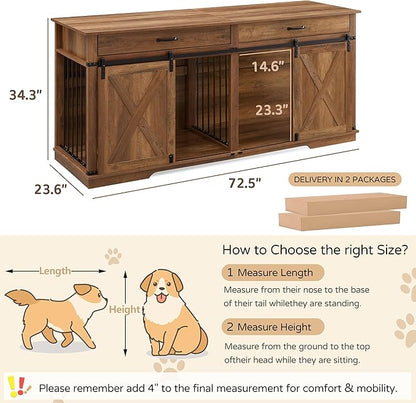72.5" XXL Wooden Double Dog Crate Furniture for 2 Large Breeds, Farmhouse Barn Door, Removable Divider, Water Resistant with Built-in Drawers, Home Decor Pet Kennel, Rustic Oak