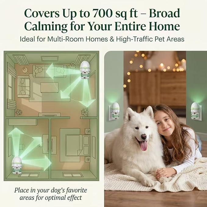 Dog Calming Pheromone Diffuser Kit, Pet Diffuser for Stress Support, Reduces Stress and Promotes Relaxed Behavior, 2 Plug-in & 4 Packs Refill, 120 Day Supply (Non-Toxic, Safe & Inedible), with Light