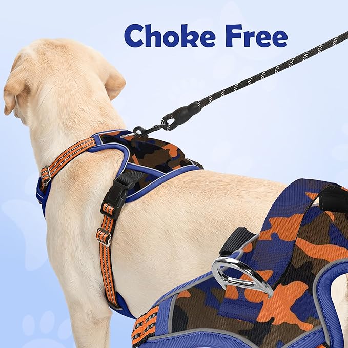 Funfox Dog Harness No Pull, Adjustable Pet Vest Harness, Super Soft Material with Vertical Handle Easy Control, Reflective Night Walking, 2 Leash Clips for XLarge Dogs, Camo Orange, XL