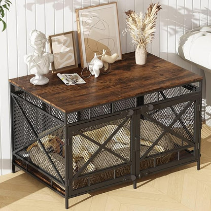 Dog Crate Furniture, Wooden Dog Kennel Table, Heavy Duty Large Indoor Dog House with Three Doors, 43" Large Size (Retro Brown)