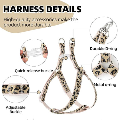 Mile High Life Leopard Dog Harness Collar Leash Set, Adjustable No Pull Dog Halter Harness for Small Breed Dogs, Easy Control for Training Walking (Beige, XS Chest 9"-15", Neck 8"-12")
