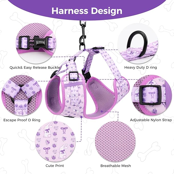 Dog Harness and Leash Collar Set with Dog Poop Bag Holder and Bandanas, Escape Proof Adjustable Puppy Cat Vest with Soft Mesh Padded, Pet Supplies for Small Medium Large Dogs Kitten(Purple, S)