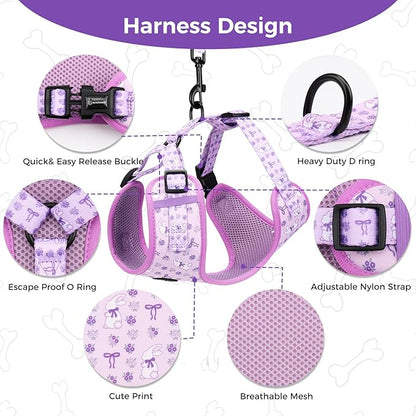 Dog Harness and Leash Collar Set with Dog Poop Bag Holder and Bandanas, Escape Proof Adjustable Puppy Cat Vest with Soft Mesh Padded, Pet Supplies for Small Medium Large Dogs Kitten(Purple, S)