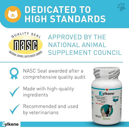 Vetoquinol Zylkene Calming Support Supplement for Medium Dogs 33-65lbs Helps Promote Relaxation and Reduce External Stress Factors, Daily Behavioral Support and Anxiety Relief for Dogs, 225mg