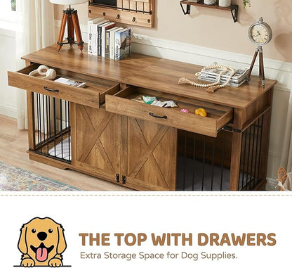 72.5" XXL Wooden Double Dog Crate Furniture for 2 Large Breeds, Farmhouse Barn Door, Removable Divider, Water Resistant with Built-in Drawers, Home Decor Pet Kennel, Rustic Oak