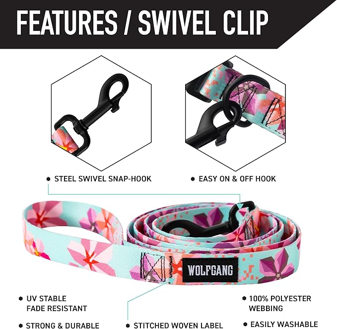 Wolfgang Heavy Duty Dog Leash, Pull-Tested to Over 800 lbs for Walking & Training, DigiFloral Print, Large