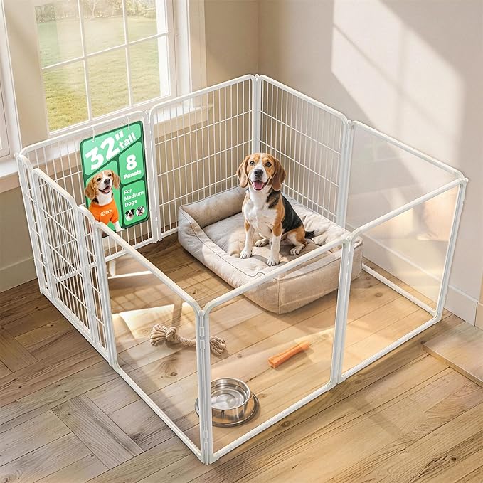 FXW AuraSpace Pro Acrylic & Wire Mesh Indoor Dog Playpen, 32" Height 8 Panels Metal Dog Pen for Small and Medium Dogs, White│Patented