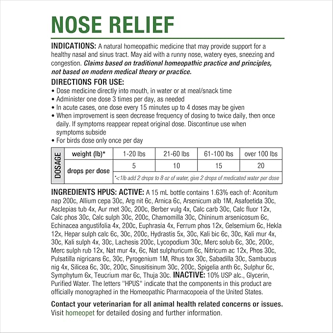 HomeoPet Nose Relief, Safe and Natural Sinus Supplement for Cats, Dogs, and Other Small Animals, 15 Milliliters