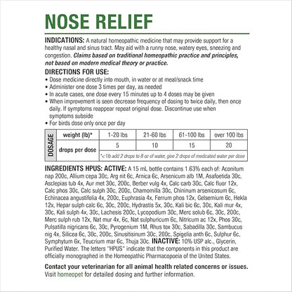 HomeoPet Nose Relief, Safe and Natural Sinus Supplement for Cats, Dogs, and Other Small Animals, 15 Milliliters