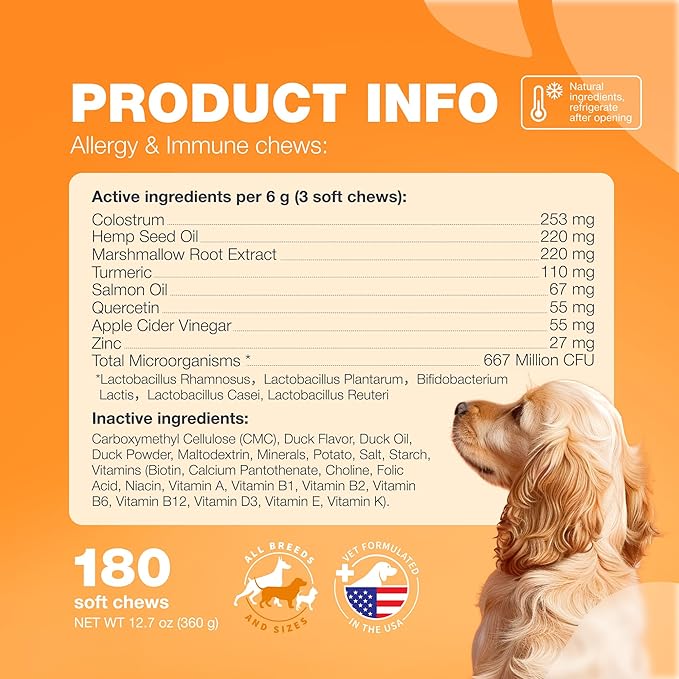 Dog Allergy Relief Chews - Itch Relief for Dogs - 180 Allergy Chews for Itching Skin with Probiotics, Colostrum, Salmon Oil - Allergy, Skin and Coat, Immune, Digestion Support Supplement - Hot Spots