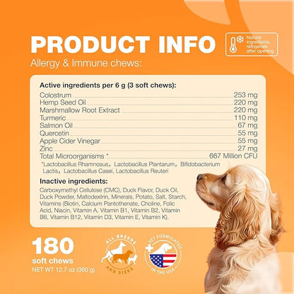 Dog Allergy Relief Chews - Itch Relief for Dogs - 180 Allergy Chews for Itching Skin with Probiotics, Colostrum, Salmon Oil - Allergy, Skin and Coat, Immune, Digestion Support Supplement - Hot Spots