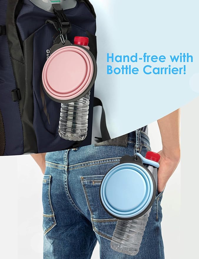Aonkey Collapsible Dog Bowls with Bottle Carrier, 2 Pack Travel Dog Water Bowl Upgraded Carabiner, One-piece Molded Rim No Fall Off or Crack, Foldable Silicone Portable for Pets Walking Hiking 15oz