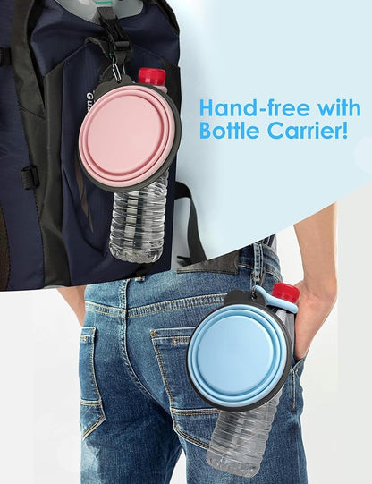 Aonkey Collapsible Dog Bowls with Bottle Carrier, 2 Pack Travel Dog Water Bowl Upgraded Carabiner, One-Piece Molded Rim No Fall Off or Crack 37oz, Blue & Pink