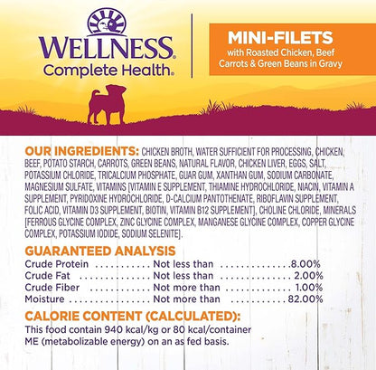Wellness Petite Entrees Mini Filets Small Breed Adult Wet Dog Food, Grain Free, Natural, Roasted Chicken, Beef, Carrots, and Green Beans, 3 oz, Pack of 12 Cups