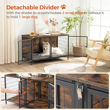 MAHANCRIS Dog Crate Furniture for 2 Dogs, 43.3" Dog Kennel with Removable Divider, Heavy Sturdy Dog Furniture Style Double Cage for Small Medium Dog, Indoor Pet House End Table, Rustic Brown DCHR1201