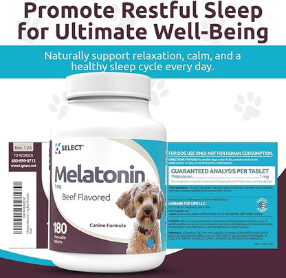 K9 Select Melatonin for Dogs - Calming Chews - Dog Melatonin for Sleep - Reduce Stress, Helps Overall Health Composure Calming Treats for Small Dogs - 1 mg, 180 Beef Flavored Chewable Tablets