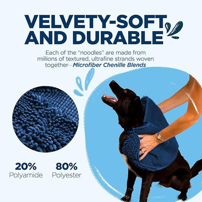 Soggy Doggy Super Shammy Dog Towel – Absorbent Microfiber Chenille Pet Towel for Drying Wet Dogs, Muddy Paws, Quick Dry Dog Shammy with Hand Pockets, Machine Washable – Navy Blue, 31” x 14”