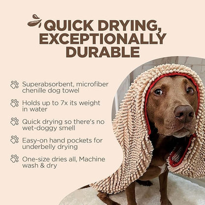Soggy Doggy Super Shammy Dog Towel – Absorbent Microfiber Chenille Pet Towel for Drying Wet Dogs, Muddy Paws, Quick Dry Dog Shammy with Hand Pockets, Machine Washable – Beige/Red Trim, 31” x 14”