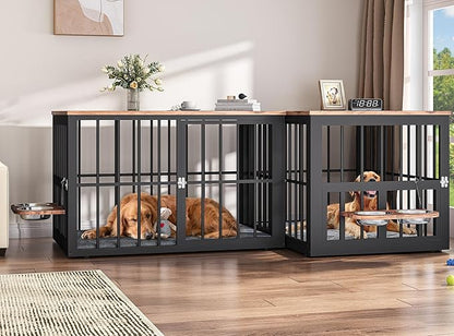 88.6" Large Dog Crate Furniture, Wooden Dog Kennel with Bowls & 3 Doors, Double Crate Furniture TV Stand for Medium Large Dogs, Brown