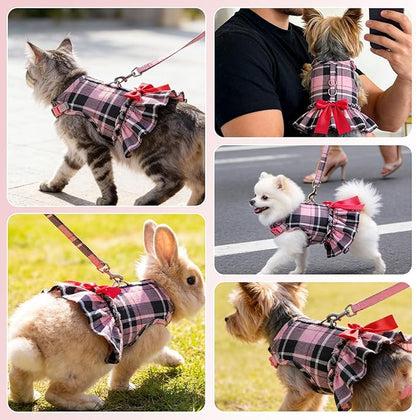 EXPAWLORER Dog Harness Small Medium Sized Dogs, Plaid Dog Dress Bowknot Harness and Leash Set, No Choke No Pull Soft Mesh Vest Cute Princess Puppy Outfits Clothes Costume for Girls Party Cats Pink XS