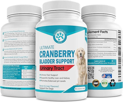 Wanderfound Pets Ultimate Cranberry Bladder UTI Support Supplement for Dogs - Dog Urinary Tract Infection Incontinence Formula with Cordyceps Mushroom - Bacon & Liver Flavor - 90 Chewable Tablets