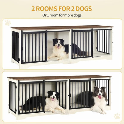 Hzuaneri 78" Dog Crate Furniture for 2 Dogs, Double Dog Cage with Divider, Wooden Heavy Duty Dogs Kennel, Pet Cage with Barn Door, TV Stand for Large Small Medium Dogs, White Brown DFC83714BV1