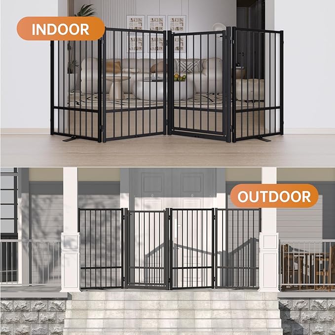 SNUOWU Full Metal Freestanding Dog Gate with Door, 32''Height Foldable Pet Dog Fence for Indoor & Outdoor, 2 Panels Extra Wide Free Standing TallDog Gates for Doorways,House,Stairs,Porch,Deck,Yard