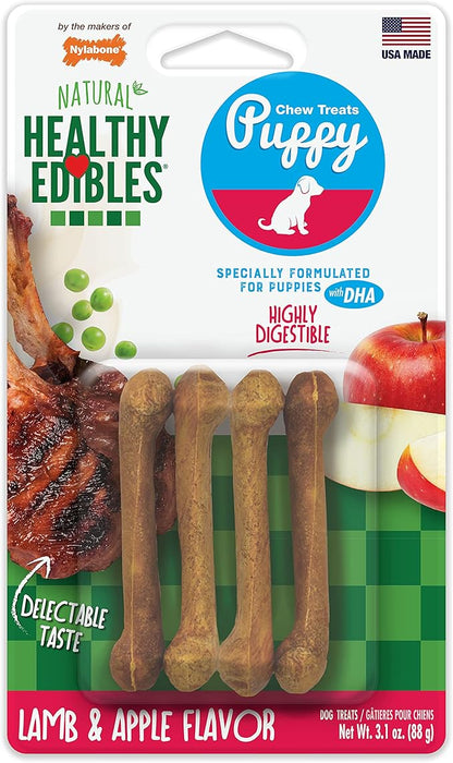 Nylabone Healthy Edibles Natural Puppy Chews Long Lasting Treats for Puppies, Lamb & Apple Flavor, X-Small/Petite (4 Count)
