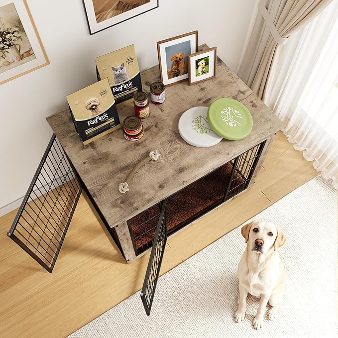 Greesum Modern Dog Crate Furniture That Doubles as a Side Table - Sturdy Wooden Kennel with Double Door Design, Equipped with Soft Cushion & Chew-Resistant Resign, Suitable for Dogs