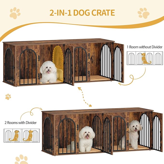 Hzuaneri 63" Dog Crate Furniture for 2 Dogs, Heavy Duty Indoor Dog Kennel TV Stand, L Wooden Dog Cage with Divider for Medium Large Dogs, End Table Dog Crate with Cushion, Rustic Brown DFC80901B