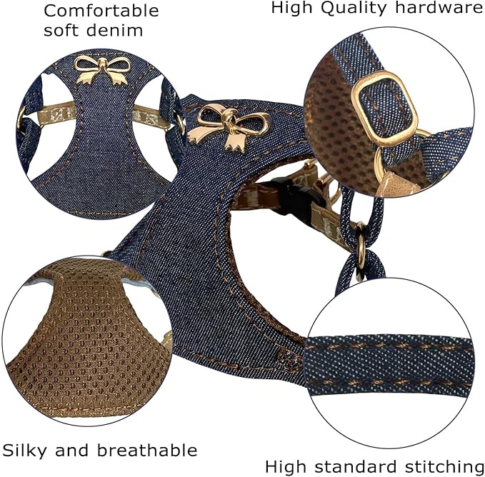 No Pull Dog Harness and Leash Set for Small Sized Dog Training Puppy Harnesses with Multifunction Dog Leash Soft Adjustable Denim No Choke Escape Proof Pet Harness for Small Medium Dog (Navy Blue XXS)
