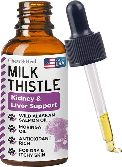 Milk Thistle for Dogs Liver Support - 2 oz Liquid Milk Thistle Supplement for Kidney and Liver Support - with Wild Alaskan Salmon Oil and Moringa Oil - Made in USA