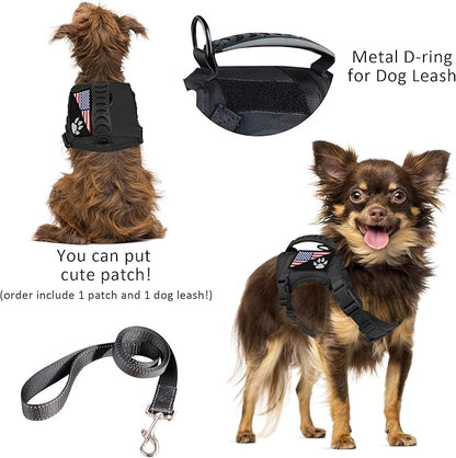 Tactical Dog Harness with Leash Tactical Puppy Vest with Rubber Handle K9 Military Adjustable Pet Harness for Outdoor Training XS Dog Harness (Black Harness with Leash)