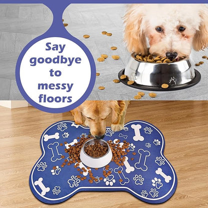 Dog Cat Mat for Food and Water,Rapid Absorbent Pet Feeding Mat, Bone Shaped Dog Placemat Bowl Mat with Rubber Backing,No Stains Pet Food Mats Indoor, Pet Accessories Supplies,Blue 17"×29"
