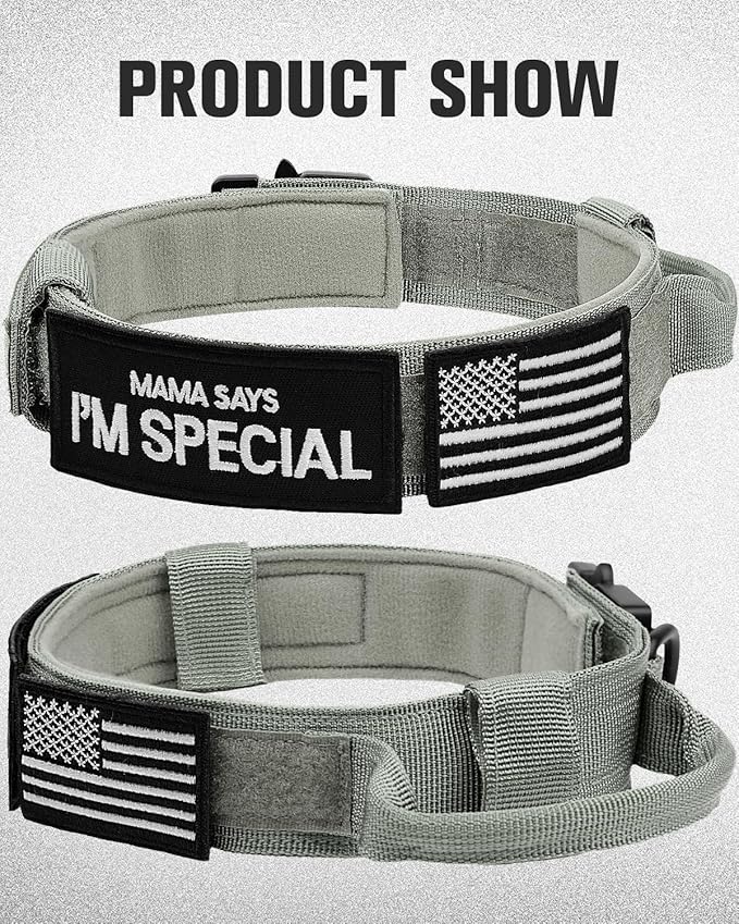 Joytale Tactical Dog Collar with Handle and Metal Buckle, Heavy Duty Padded Military Collar with 2 Patches for Training, Adjustable for Medium Dogs, Gray, M