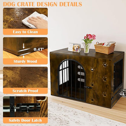 Dog Crate Furniture for Small Medium Dogs, Heavy Duty Wood Metal Indoor Dog Kennel with Bowls, Decorative Pet Cage Dog House as TV Stand, Brown