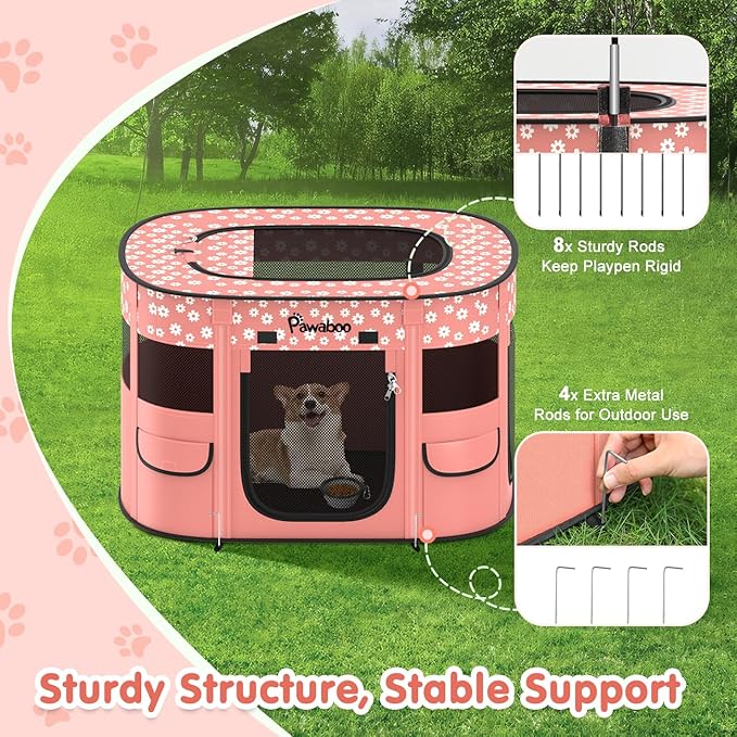 Dog Playpen, Portable Pet Cat PlayPen, 600D Oxford Dog Kennel Tent Crate, Breathable&Waterproof, Outdoor Indoor Travel Camping for Medium/Large Breed with Carrying Case+Bowl, L, Light Pink Flowers