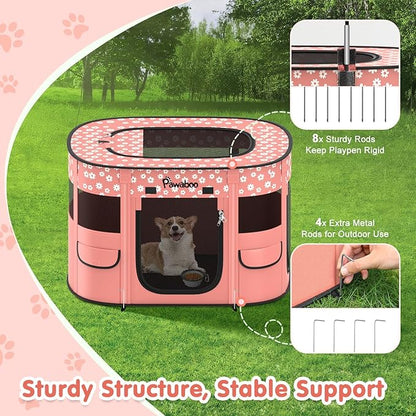 Dog Playpen, Portable Pet Cat PlayPen, 600D Oxford Dog Kennel Tent Crate, Breathable&Waterproof, Outdoor Indoor Travel Camping for Medium/Large Breed with Carrying Case+Bowl, L, Light Pink Flowers