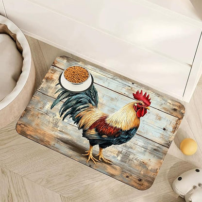 Rooster Dog Food Mat for Floors,Vintage Wood Panel Absorbent Quick-Dry Pet Feeding Mat,Cat Dog Bowl Mats for Food and Water,Non-Slip Pet Accessories Supplies 12"x20"