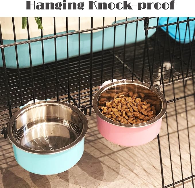 HERCOCCI 2 Pack Dog Crate Bowls, Hanging Removable Stainless Steel Food and Water Bowls for Puppies, Small Dogs, Cats, Rabbits & Ferrets (Blue, Red)