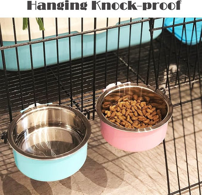 HERCOCCI 2 Pack Dog Crate Bowls, Hanging Removable Stainless Steel Food and Water Bowls for Puppies, Small Dogs, Cats, Rabbits & Ferrets (Blue, Red)