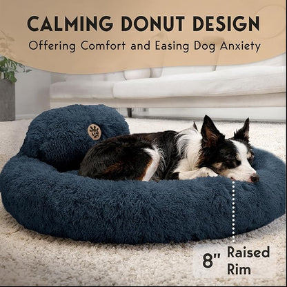 PetJett Dog Beds Large Sized Dog - 36'' Calming Round Bed, Anti-Slip & Washable Super Soft Donut Bed, Fluffy Faux Fur Anti-Anxiety Premium Comfort Pet Bed, Fits Dogs up to 80 lbs - Dark Grey