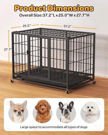 HIWOKK 38 Inch Dog Crates for Meidum Small Dogs,Metal Wire Cages Dog Kennels Pet Cage with Double-Door,Removable Tray,for Small Medium Dogs