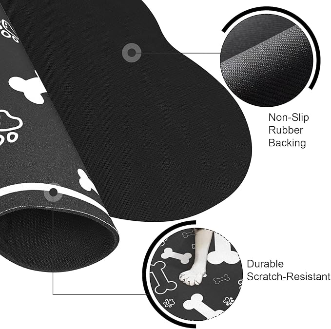 Voanos Dog Cat Food Mat,Rapid AbsorbentPet Feeding Mat, Bone Shaped Dog Placemat Water Bowl Mat with Rubber Backing,No Stains Dog Cat Food Mats Indoor, Pet Accessories Supplies 12""x18"" Black