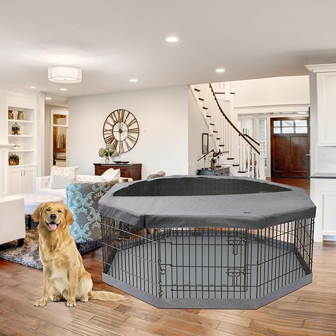 PETIME Foldable Metal Dog Exercise Pen/Pet Puppy Playpen Kennels Yard Fence Indoor/Outdoor 8 Panel 24" W with Top Cover and Bottom Pad (Playpen+Bottom+Top Cover, 8 Panels 30" H)