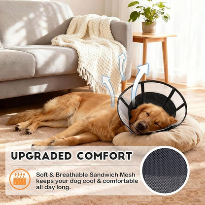 Soft Dog Cone, Stop Licking Deep Pet Recovery Collar After Surgery for Large Medium Dogs, Clear Plastic Breathable Elizabethan Head Neck Circle, Adjustable Comfortable Cones 12" Long (LL Black)