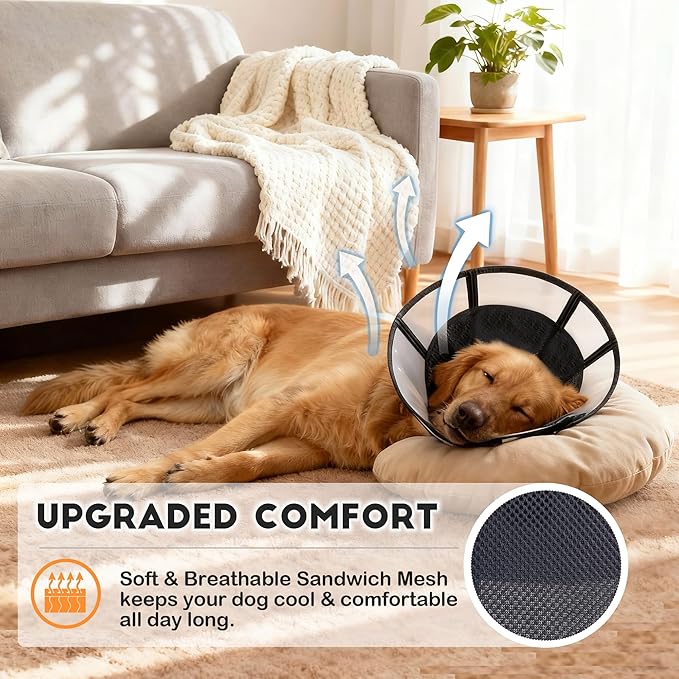 Soft Dog Cone, Stop Licking Deep Pet Recovery Collar After Surgery for Large Medium Dogs, Clear Plastic Breathable Elizabethan Head Neck Circle, Adjustable Comfortable Cones 20cm /8" Long (M Black)