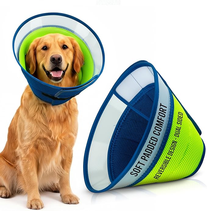 Premier Web Products Soft Dog Cone Collar To Stop Licking - Large Dog Cone, Adjustable and Reversible Design, Non-Woven Breathable Fabric, Elizabethan Recovery Collar after Surgery for Cat, Blue