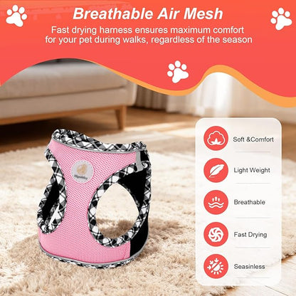 Hipubby Dog Harness Small Sized and Leash Set, No Pull Soft Mesh Puppy Vest, Reflective Breathable Lightweight Pet Harness, Harness for Small Medium Dogs and Cats - Black Pink, XS